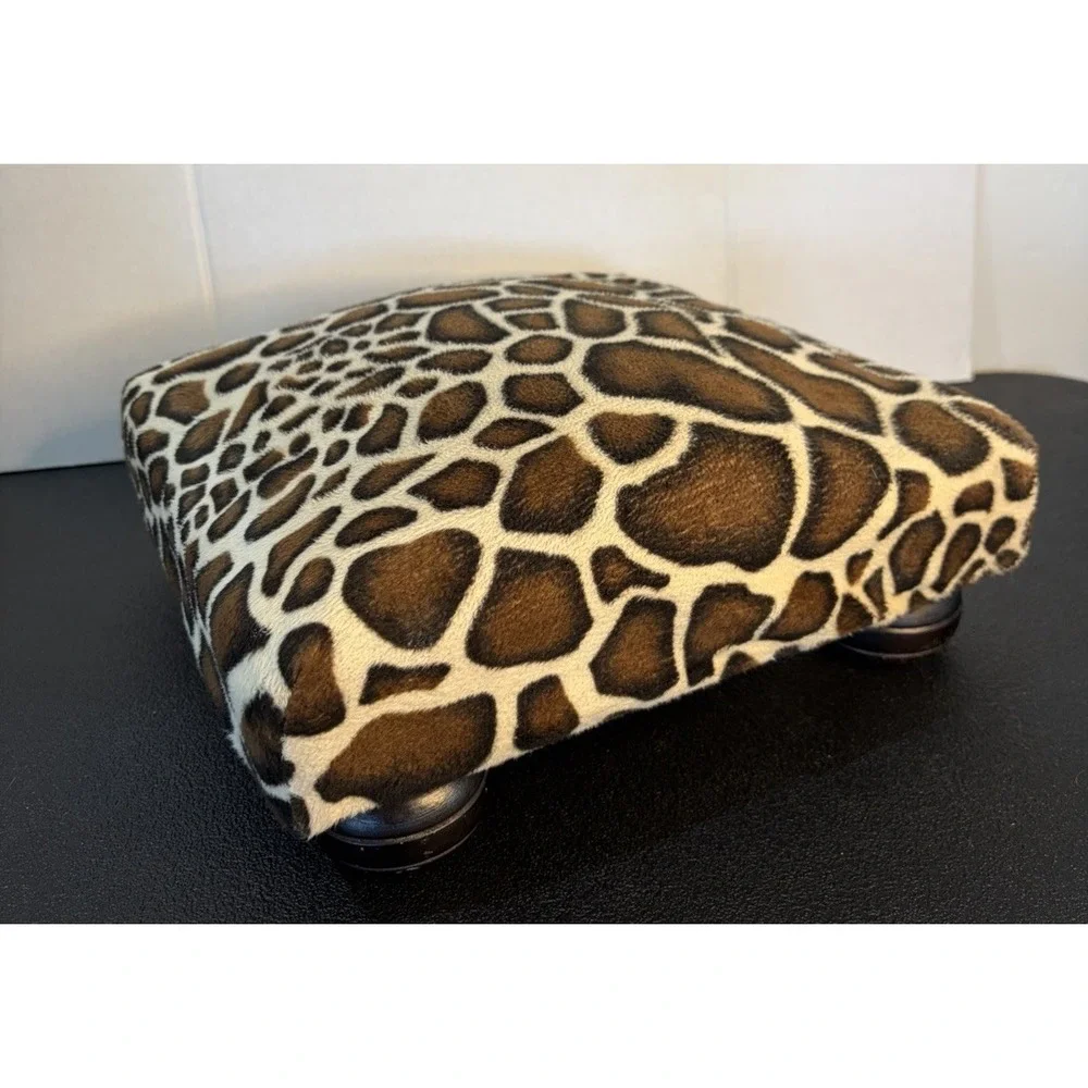 Giraffe Print Flannel Upholstered Foot Stool Ottoman Square Wood Vtg Y2K 12